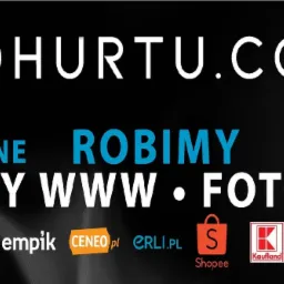 Banner reklamowy firmy DOHURTU.COM oferującej zintegrowane sklepy internetowe, sesje zdjęciowe i zdjęcia 360 stopni, z logo firm Allegro, Amazon, eBay, OLX, Empik, Ceneo, Erli, Shopee, Kaufland...