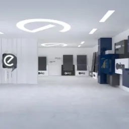 Jasne, minimalistyczne wnętrze salonu wystawowego z panelami słonecznymi Axiom, prezentacja danych na monitorze i certyfikaty na półce, oświetlenie LED w suficie.