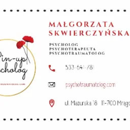 Wizytówka z danymi kontaktowymi i logo gabinetu psychologicznego Małgorzaty Skwierczyńskiej w stylu pin-up, zawierająca adres, numer telefonu i adres strony internetowej psychotraumatolog.com.