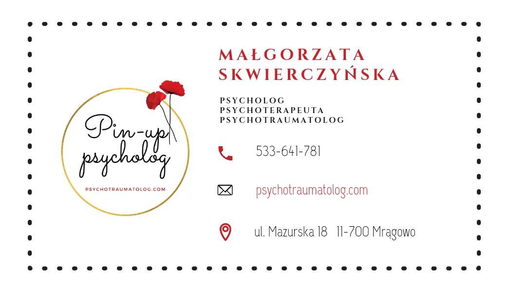 Wizytówka z danymi kontaktowymi i logo gabinetu psychologicznego Małgorzaty Skwierczyńskiej w stylu pin-up, zawierająca adres, numer telefonu i adres strony internetowej psychotraumatolog.com.