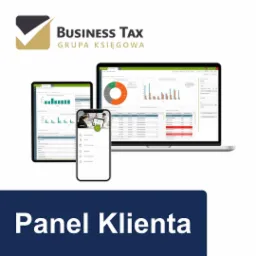 Ekran laptopa, tabletu i smartfona prezentujące interfejs panelu klienta z wykresami i danymi finansowymi, logo Business Tax Grupa Księgowa w tle.