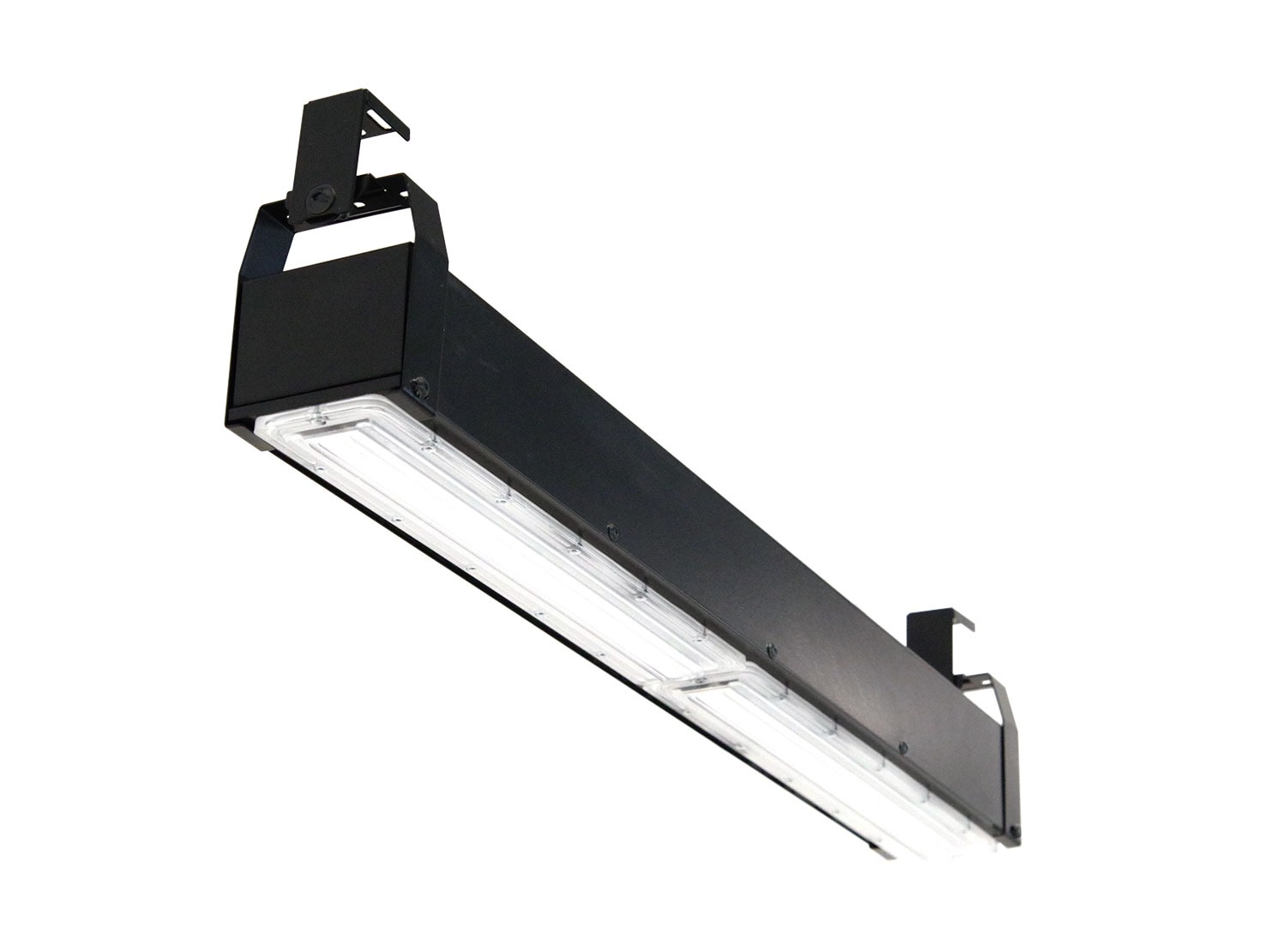 Czarna, przemysłowa lampa wisząca z dwoma świetlówkami LED, mocowana do sufitu za pomocą metalowych uchwytów.