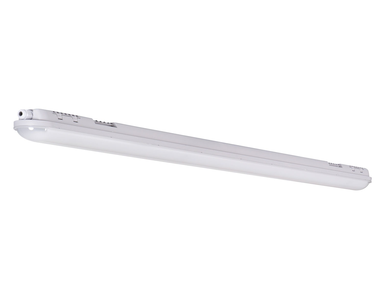 Podłużna, hermetyczna lampa LED w białej obudowie, widoczna z boku, z detalami mocowania kabli i radiatorami, na białym tle.