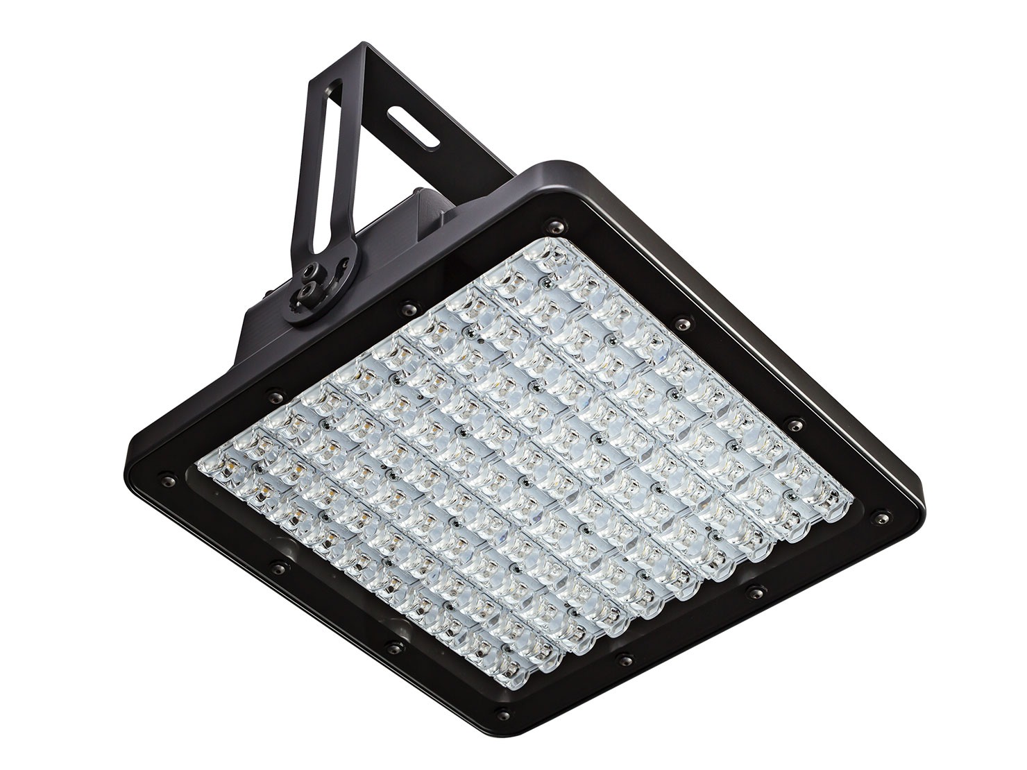 Kwadratowa lampa LED z czarną obudową i uchwytem montażowym, widok od dołu, ukazujący liczne diody.