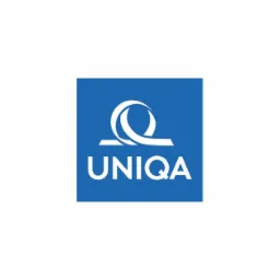 Logo firmy ubezpieczeniowej UNIQA na niebieskim kwadracie, białe tło.