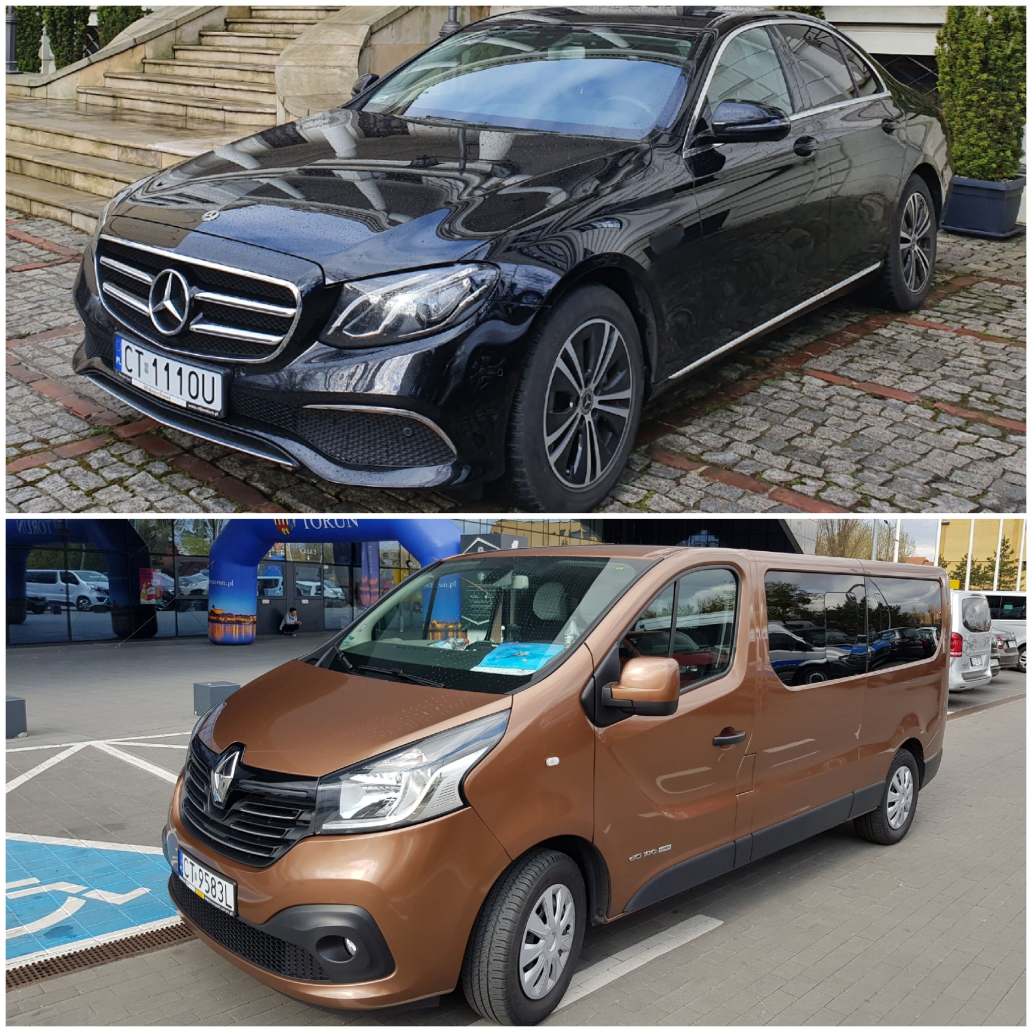 Dwa samochody: czarny Mercedes-Benz na brukowanym podjeździe z kamiennymi schodami w tle i brązowy Renault Trafic na parkingu z niebieskim symbolem osoby niepełnosprawnej.