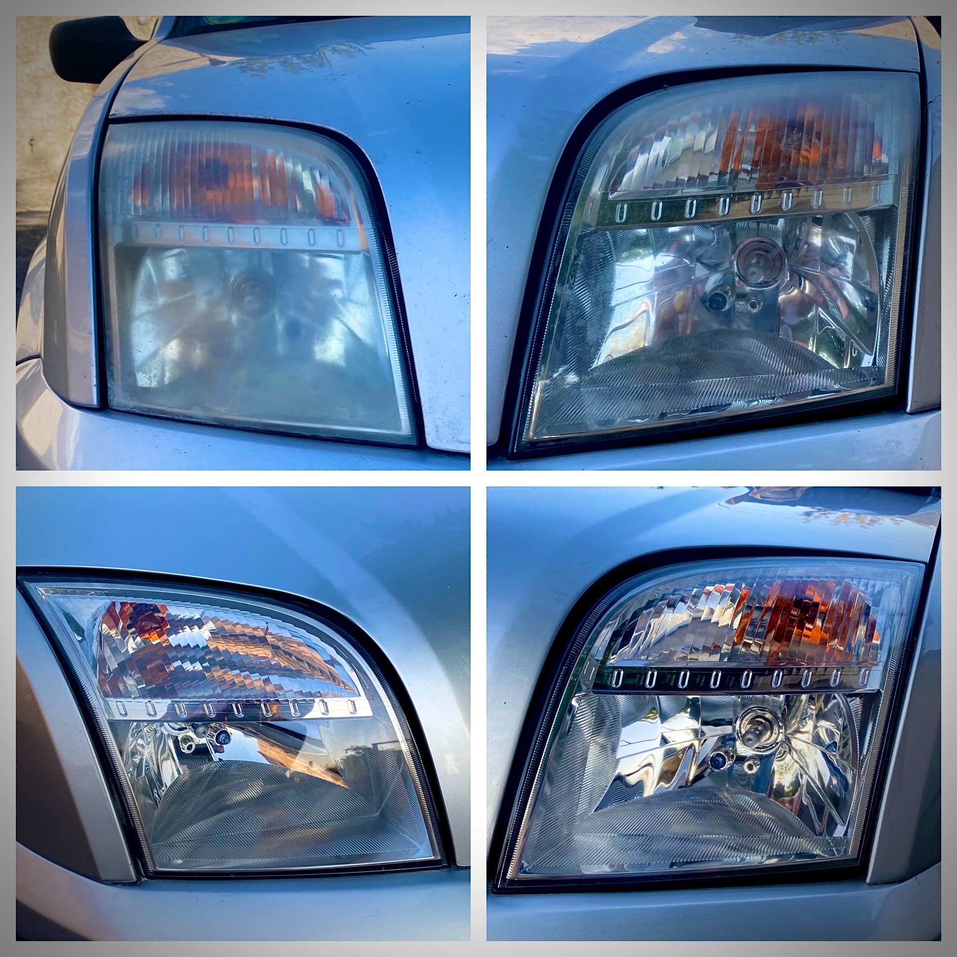 Reflektor samochodowy przed i po renowacji, widoczne różnice w przejrzystości klosza, zmatowienie vs. połysk.