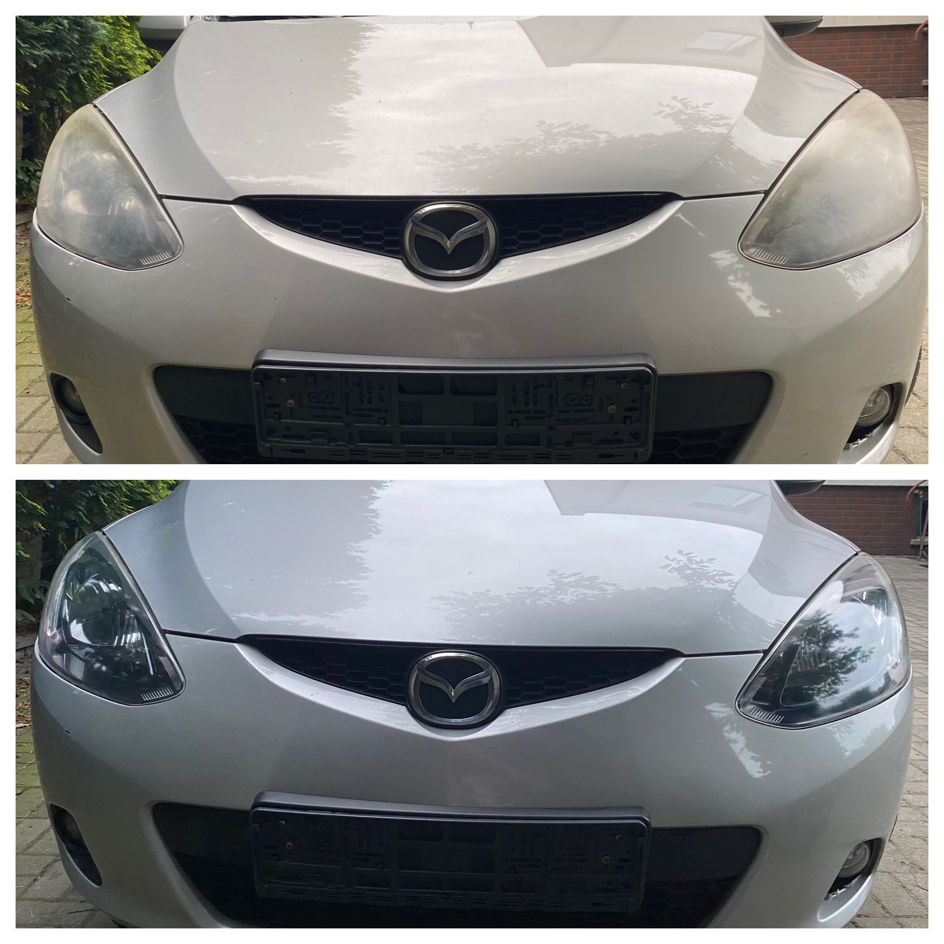 Porównanie reflektorów samochodu Mazda 2 przed i po renowacji, widoczne znaczne poprawienie przejrzystości kloszy.