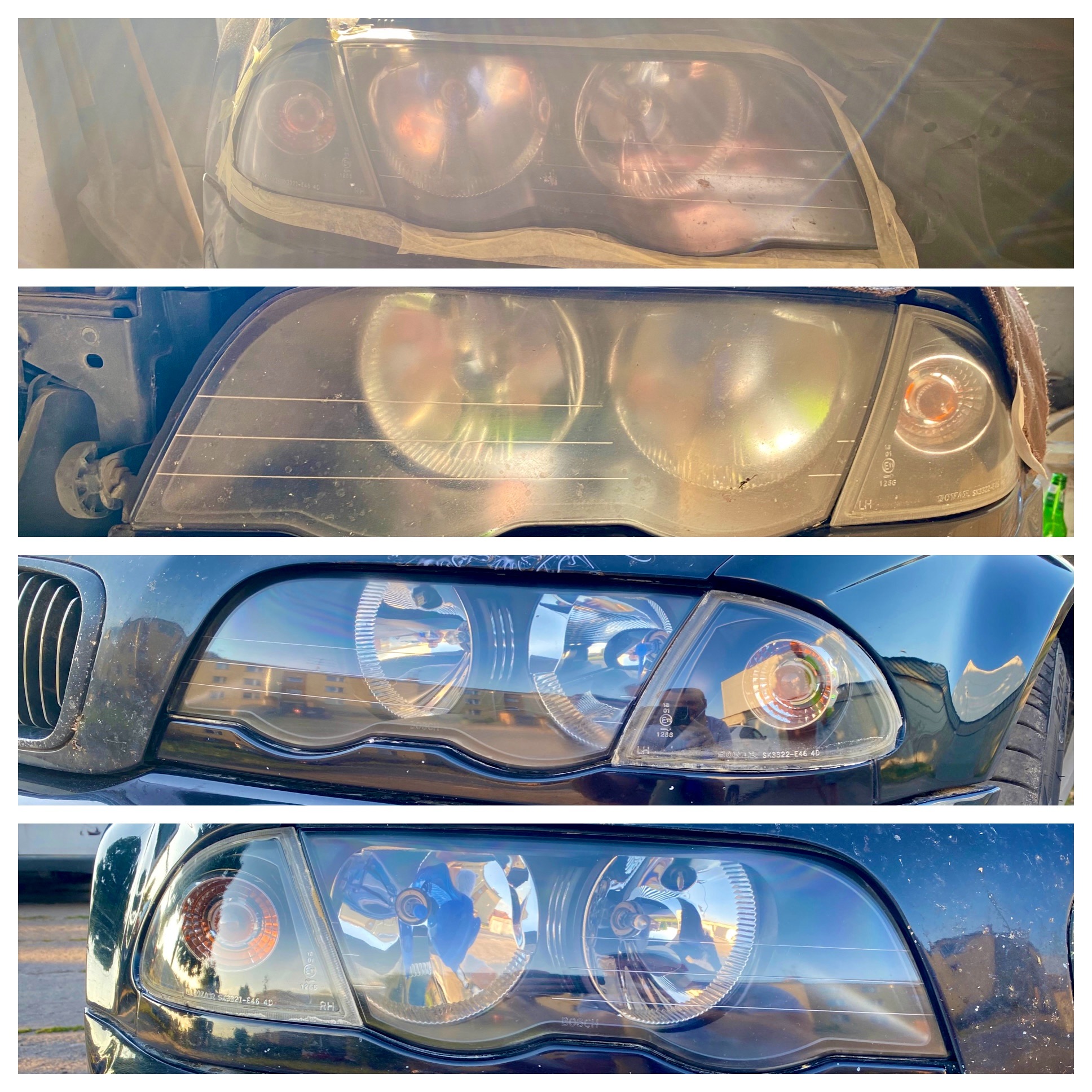 Cztery ujęcia reflektorów samochodowych przed i po renowacji, ukazujące różnicę w przejrzystości i wyglądzie. Górne dwa zdjęcia pokazują zmatowione, zabrudzone reflektory zabezpieczone taśmą...