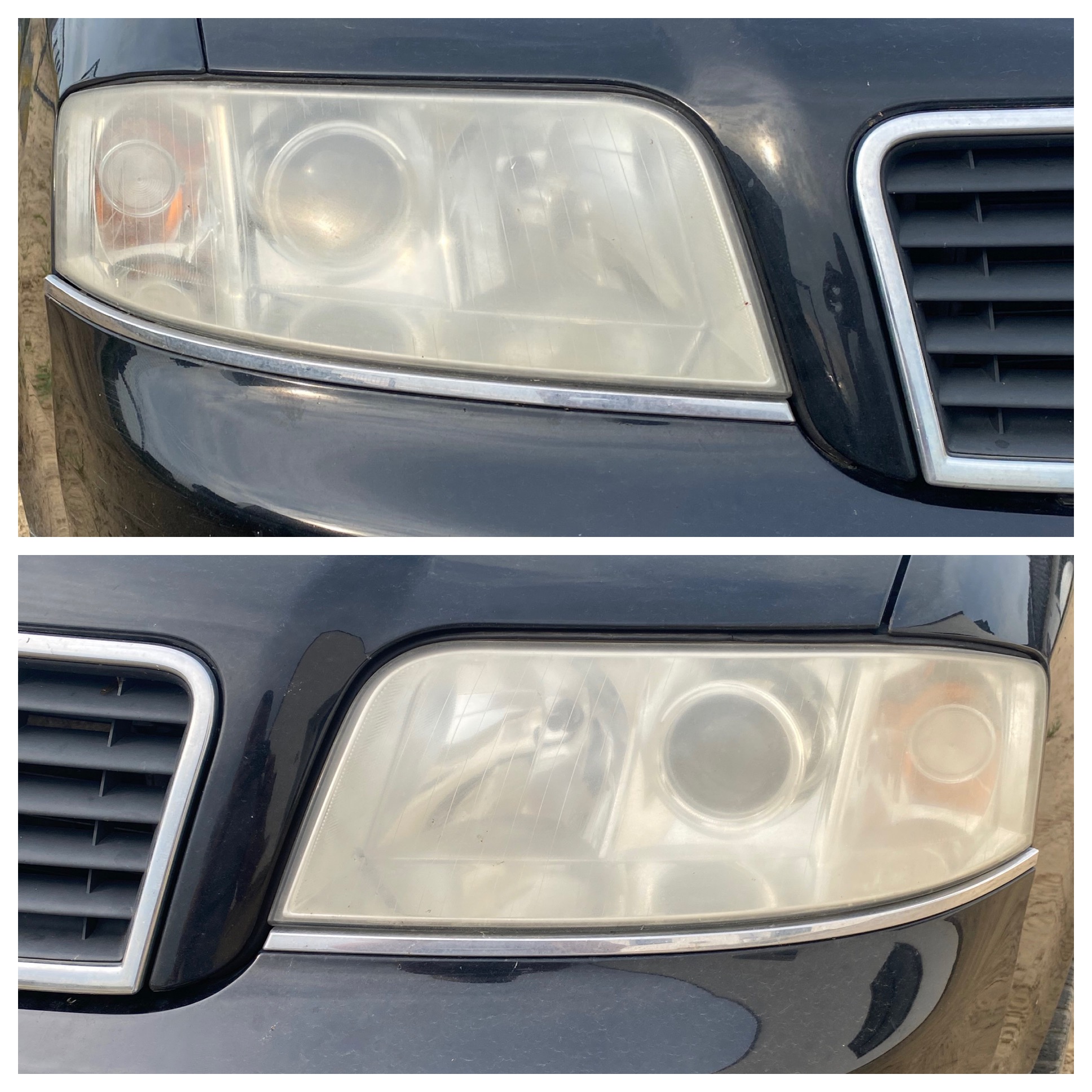 Reflektor samochodowy przed i po polerowaniu, widoczna wyraźna różnica w przejrzystości klosza, czarny lakier auta.