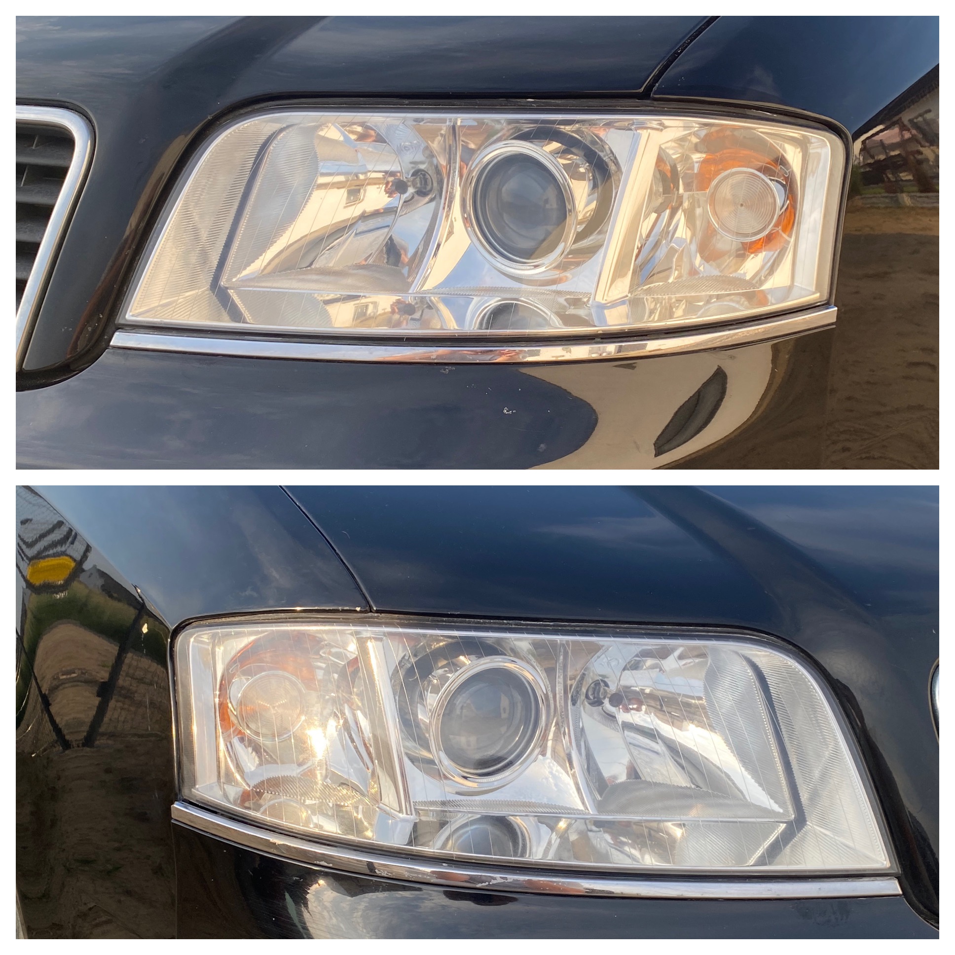 Reflektor samochodowy przed i po renowacji, widoczne różnice w przejrzystości klosza i czystości powierzchni.