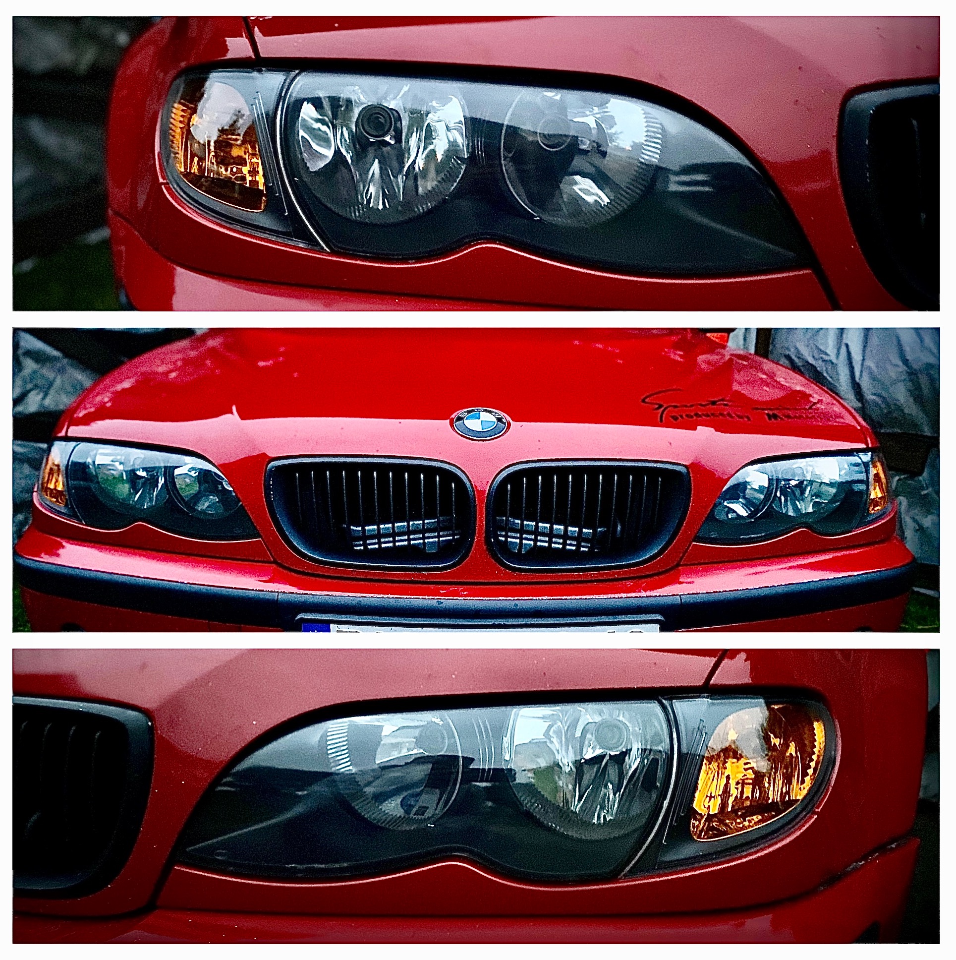 Czerwone BMW E46 z czarnymi reflektorami i grillem, widok z przodu w trzech ujęciach: zbliżenie na reflektor, pełny przód i drugi reflektor.