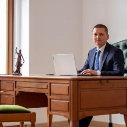 Adwokat w garniturze siedzi przy biurku z laptopem, obok stoi statuetka Temidy i krzesło z zielonym obiciem.