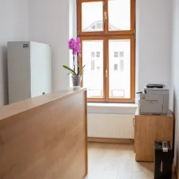 Jasne biuro z drewnianą ladą recepcyjną, storczykiem w szklanym wazonie, drukarką i niszczarką dokumentów przy oknie.