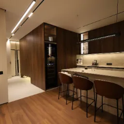 Nowoczesna kuchnia z drewnianymi frontami, wyspą z kamiennym blatem i trzema hokerami, oświetlona listwami LED w suficie i pionową lampą przy ścianie.