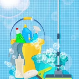 Ilustracja przedstawiająca wiadro z płynami czyszczącymi, mop, mydło i ściągaczkę do szyb na tle niebieskiej ściany w kratkę, otoczone bąbelkami.