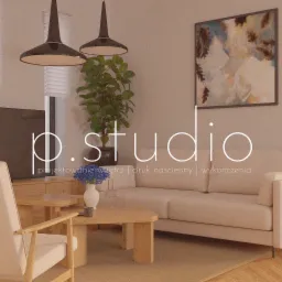 Wizualizacja salonu w neutralnych barwach z drewnianymi meblami, sofą i abstrakcyjnym obrazem na ścianie, podwieszane lampy i kwiaty w wazonie, logo studia projektowania wnętrz na pierwszym planie.