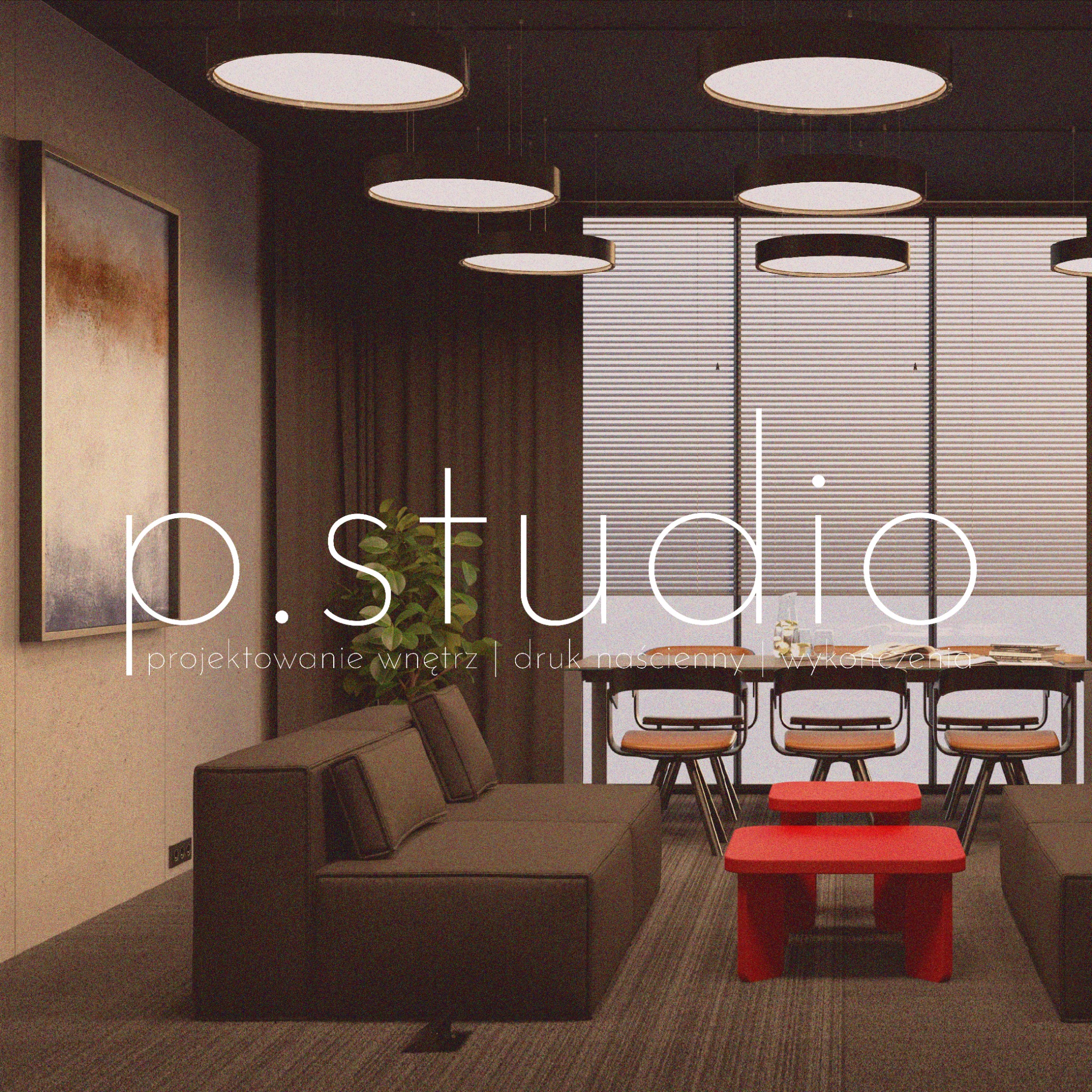 Wizualizacja wnętrza biura z brązową sofą, czerwonymi stolikami kawowymi, stołem konferencyjnym i okrągłymi lampami sufitowymi, z widocznym logo firmy projektującej wnętrza.