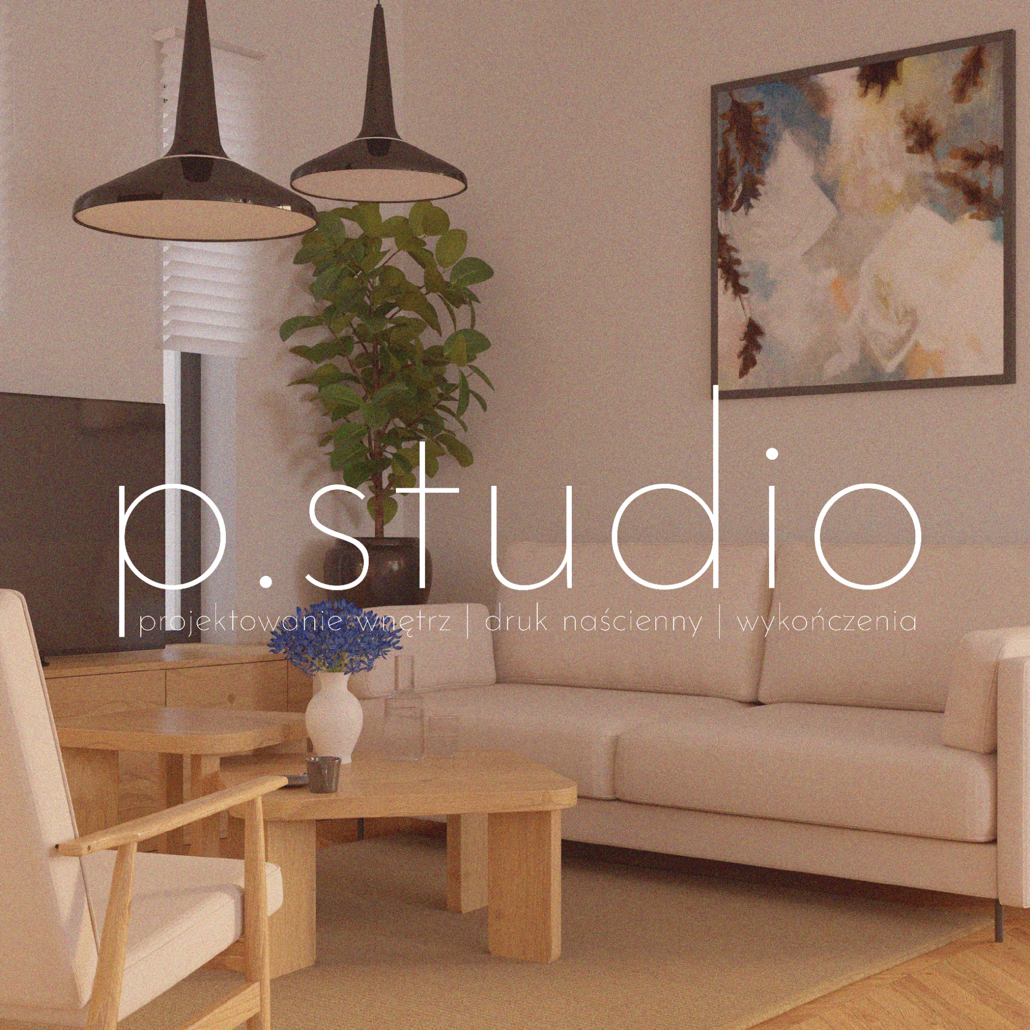 Wizualizacja salonu w neutralnych barwach z drewnianymi meblami, sofą i abstrakcyjnym obrazem na ścianie, podwieszane lampy i kwiaty w wazonie, logo studia projektowania wnętrz na pierwszym planie.