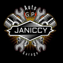 Logo warsztatu samochodowego Janiccy Auto G.P. z dwoma skrzyżowanymi kluczami i tłokami na czarnym tle.