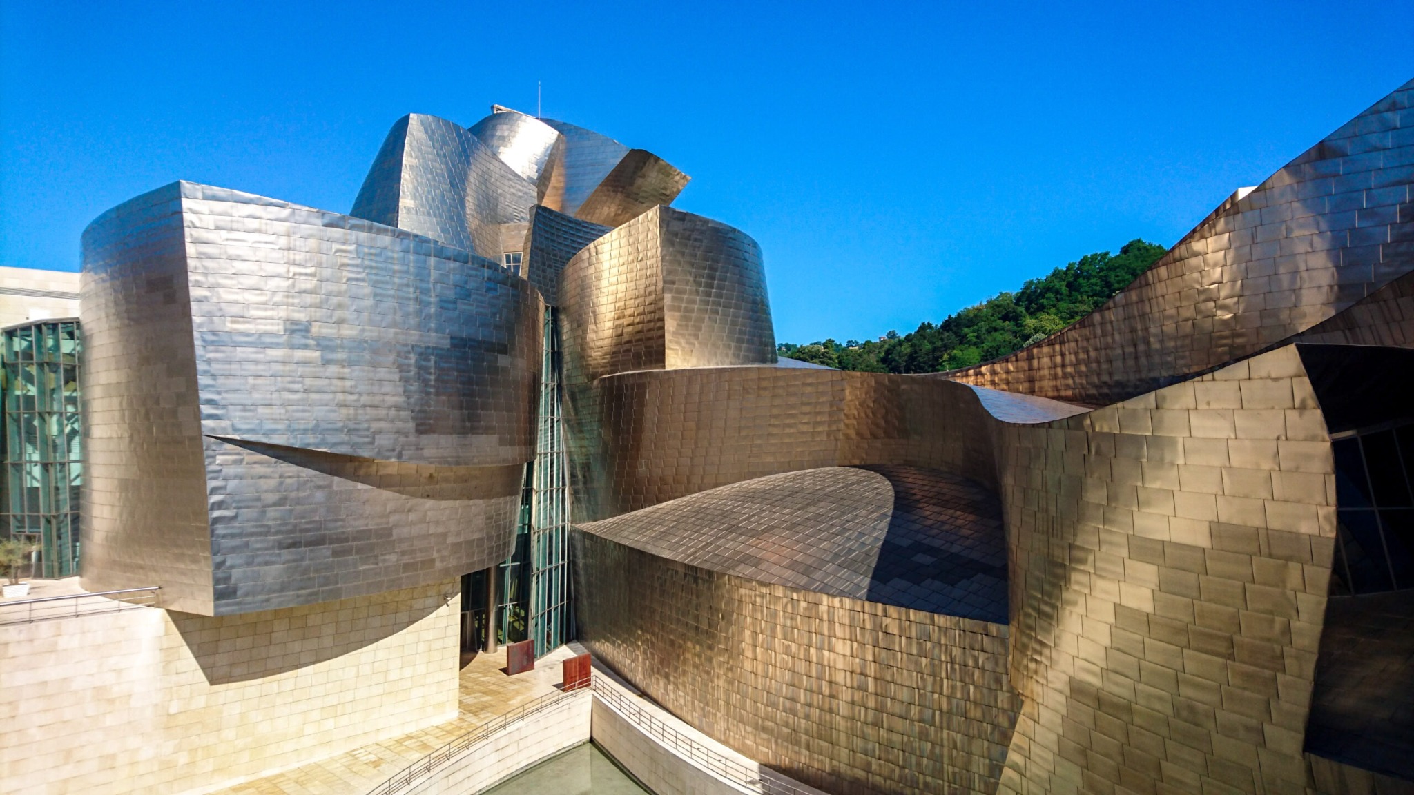 Widok z dołu na fasadę budynku o organicznych kształtach, pokrytą metalowymi płytkami, z zielenią w tle i błękitnym niebem.