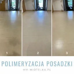 Trzy etapy polimeryzacji posadzki w korytarzu: przed (1), w trakcie (2) i po (3). Widoczne różnice w połysku i czystości.