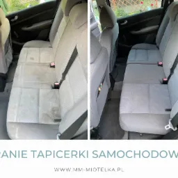 Porównanie tylnej kanapy samochodu przed i po praniu tapicerki, widoczne różnice w czystości i odświeżonym wyglądzie.