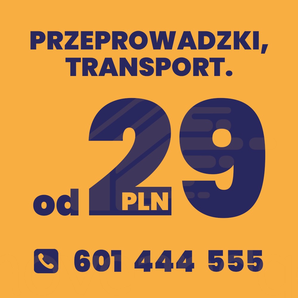 Grafika reklamowa z napisem Przeprowadzki, Transport i numerem telefonu, cena od 29 PLN.