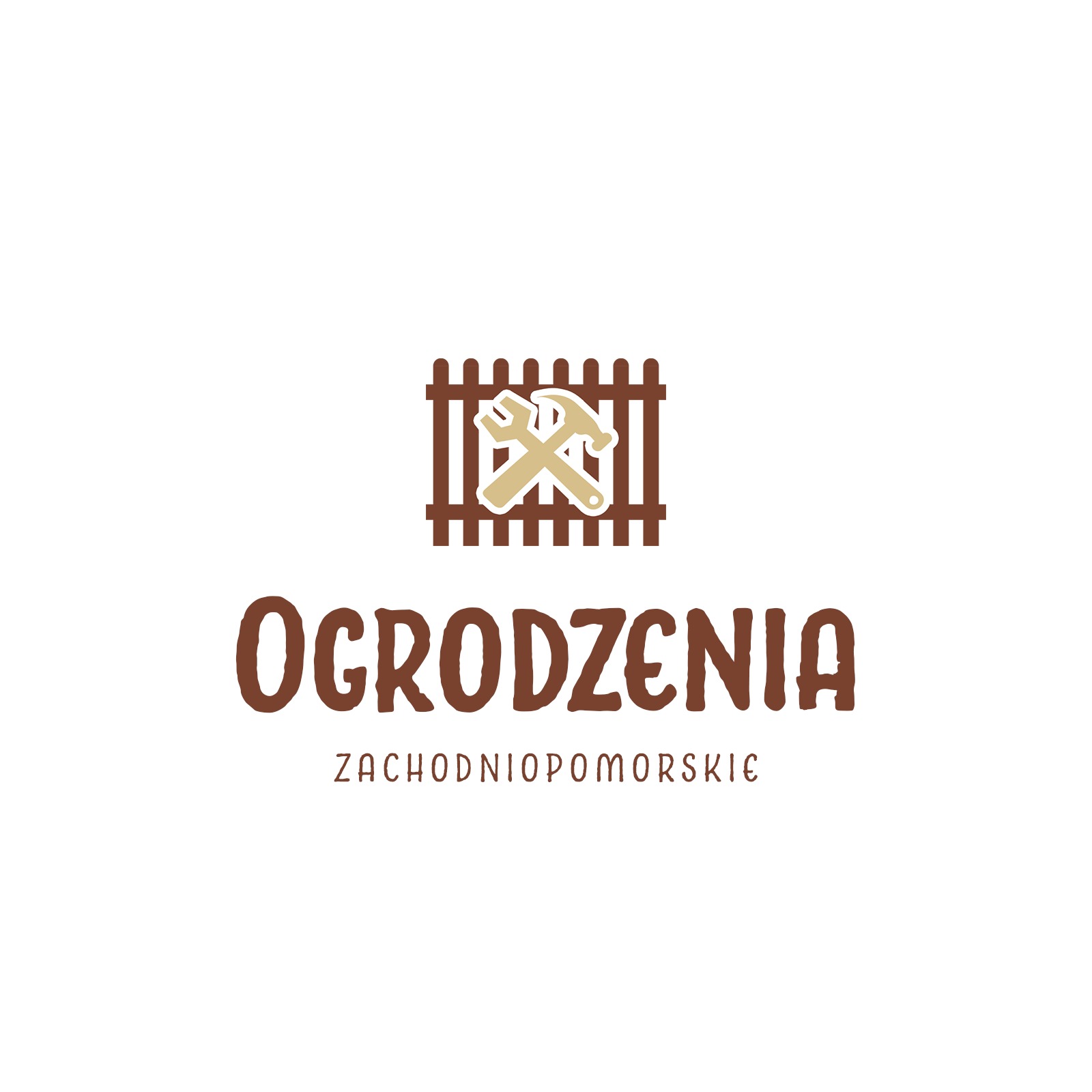 Logo firmy z regionu Zachodniopomorskiego specjalizującej się w ogrodzeniach, przedstawiające stylizowany płot z narzędziami: młotkiem i kluczem.