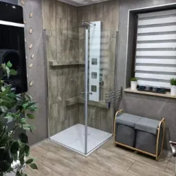 Nowoczesna kabina prysznicowa z hydromasażem w łazience wykończonej płytkami imitującymi drewno, z widoczną rośliną doniczkową i pojemnikiem na pranie.