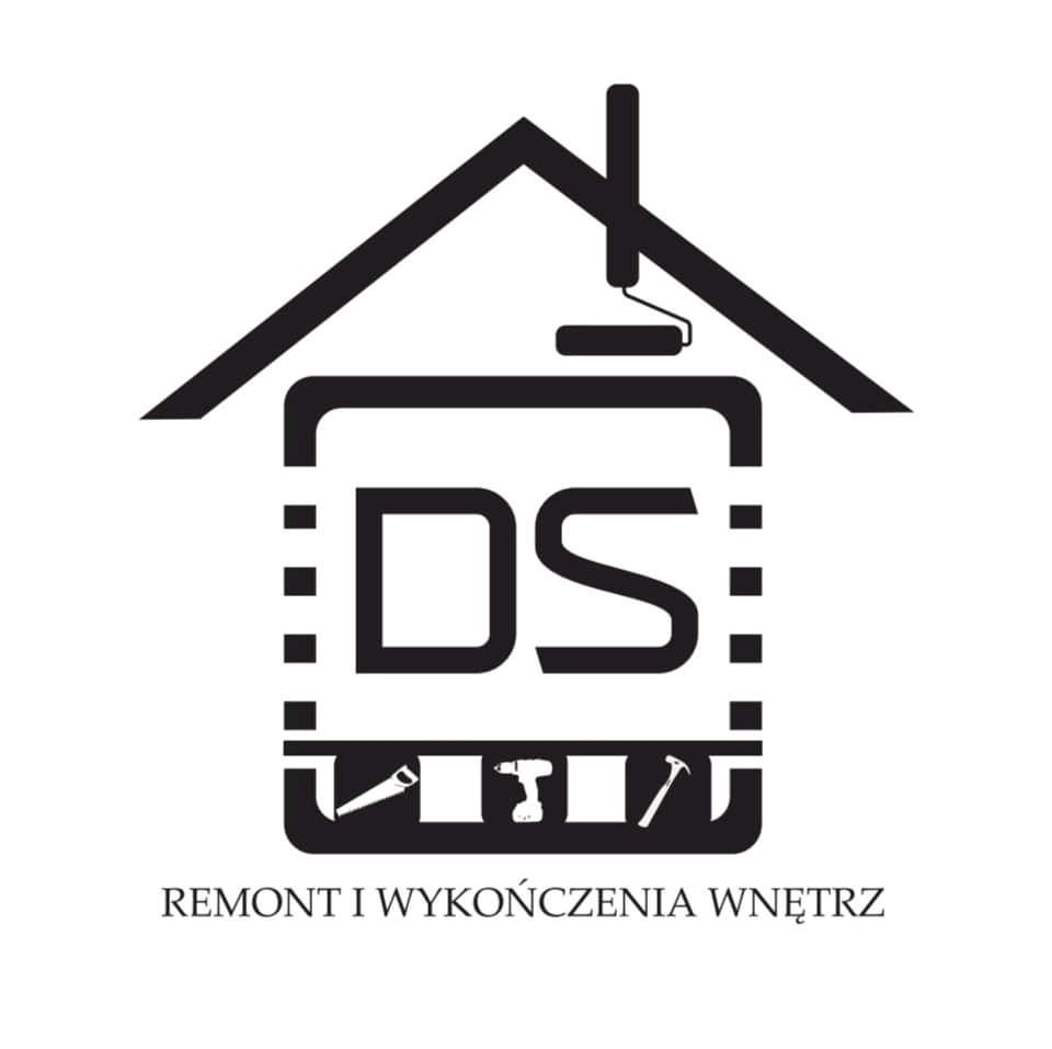 Logo firmy remontowej w formie ikony domu z narzędziami, wałkiem do malowania, literami DS i napisem 'Remont i wykończenia wnętrz' w czerni i bieli.