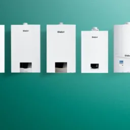 Ekspozycja różnych modeli białych, wiszących i stojących kotłów grzewczych marki Vaillant na tle turkusowej ściany.