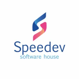 Logo firmy Speedev Software House, stylizowana litera S w gradientowych kolorach niebieskim i różowym, nazwa firmy w kolorze niebieskim, pod nią napis 'software house' mniejszą czcionką.