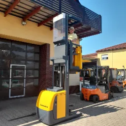 Operator w kapeluszu na wózku widłowym wysokiego składowania Jungheinrich, na zewnątrz, obok zaparkowane wózki Toyota i Linde.