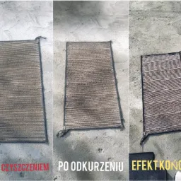 Trzy ujęcia tego samego dywanika: przed czyszczeniem, po odkurzeniu i efekt końcowy, ukazujące różnicę w wyglądzie na szarym betonowym podłożu.