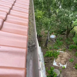 Zanieczyszczona rynna dachowa z brązowej dachówki, wypełniona ziemią i liśćmi, widok z góry na zarośnięte podwórko z drzewami i studzienką kanalizacyjną.