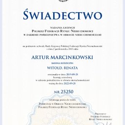 Licencja Polskiej Federacji Rynku Nieruchomości numer 25250 w zakresie Pośrednictwa w Obrocie Nieruchomościami