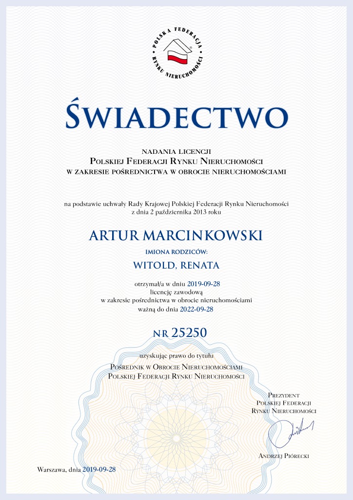 Licencja Polskiej Federacji Rynku Nieruchomości numer 25250 w zakresie Pośrednictwa w Obrocie Nieruchomościami