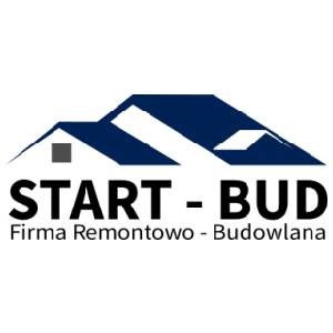 Logo firmy remontowo-budowlanej START-BUD z symbolem dachu w kolorze granatowym na białym tle.