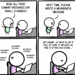 Comic strip about a programmer being told to write meaningful commit messages, culminating in a poetic but ultimately unhelpful commit message.