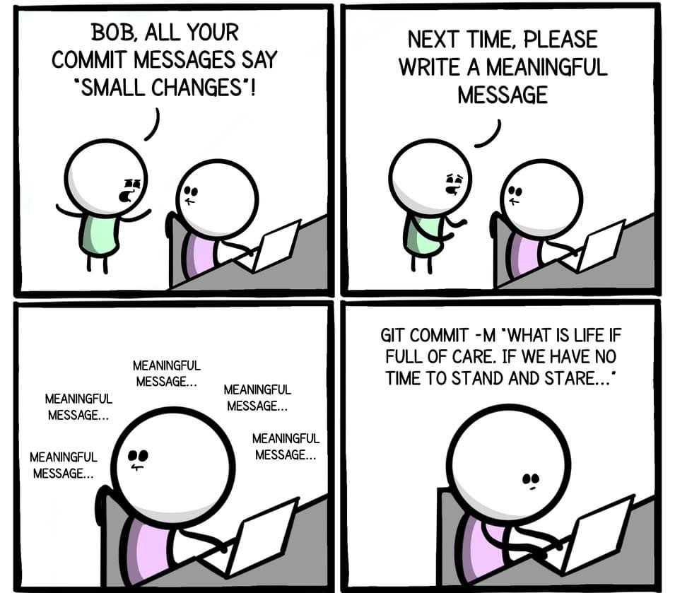 Comic strip about a programmer being told to write meaningful commit messages, culminating in a poetic but ultimately unhelpful commit message.