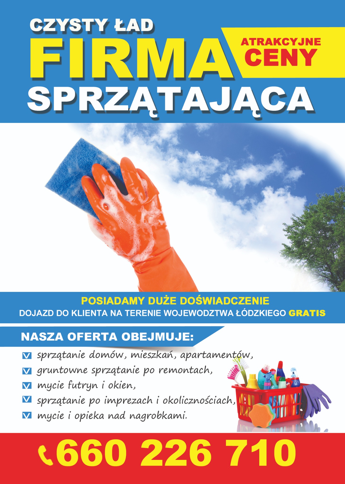 Reklama firmy sprzątającej: dłoń w pomarańczowej rękawicy z niebieską ściereczką, koszyk z akcesoriami do sprzątania, oferta obejmująca sprzątanie domów, mieszkań, mycie okien i opieka nad nagrobkami.