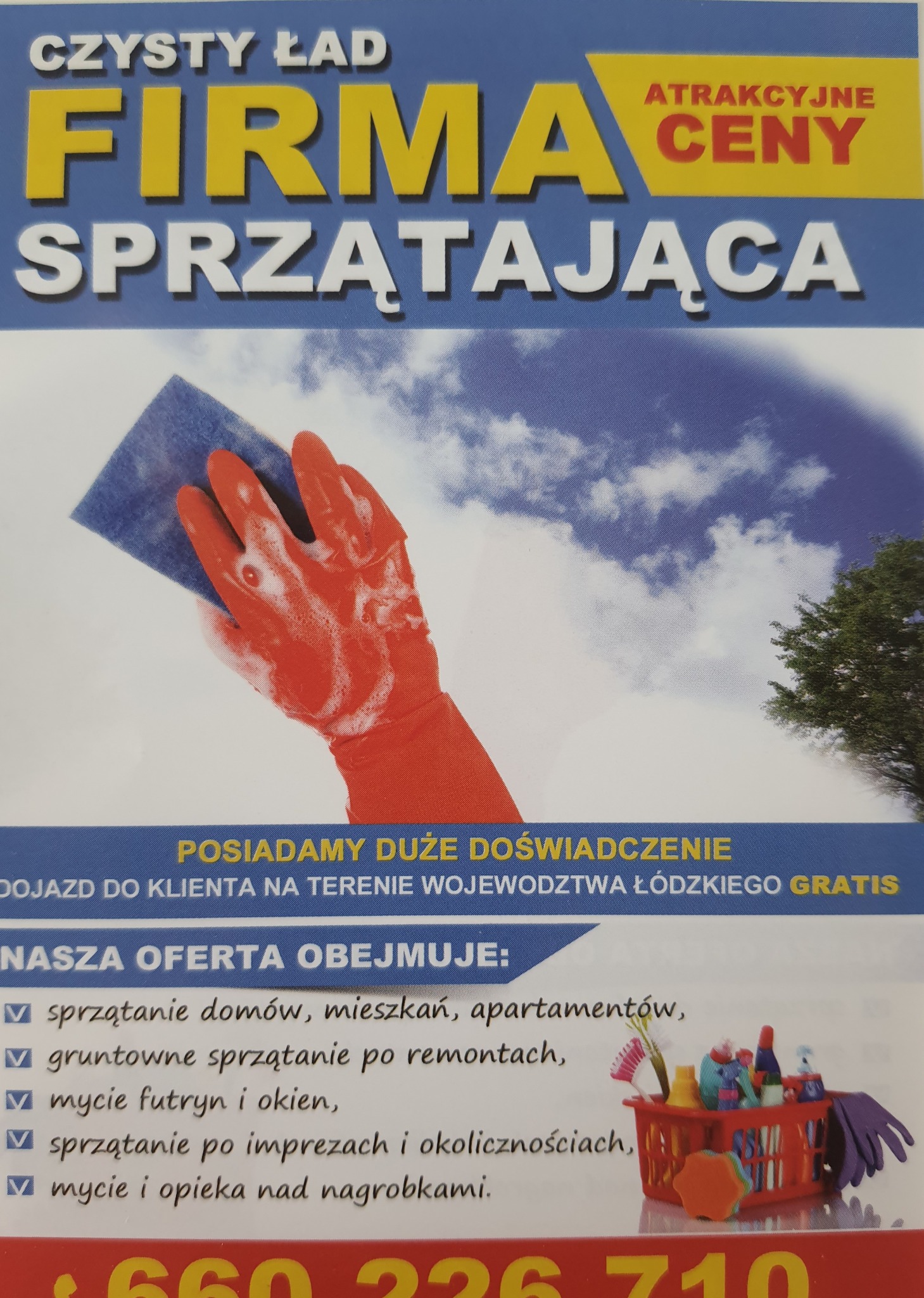 Ulotka reklamowa firmy sprzątającej z hasłem 'Czysty Ład', prezentująca dłoń w czerwonej rękawicy czyszczącą niebieską ściereczką, z ofertą obejmującą sprzątanie domów, mieszkań, po remontach...
