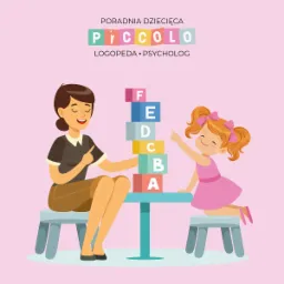 Ilustracja przedstawiająca logopedę i dziecko bawiące się klockami z literami w poradni dziecięcej.