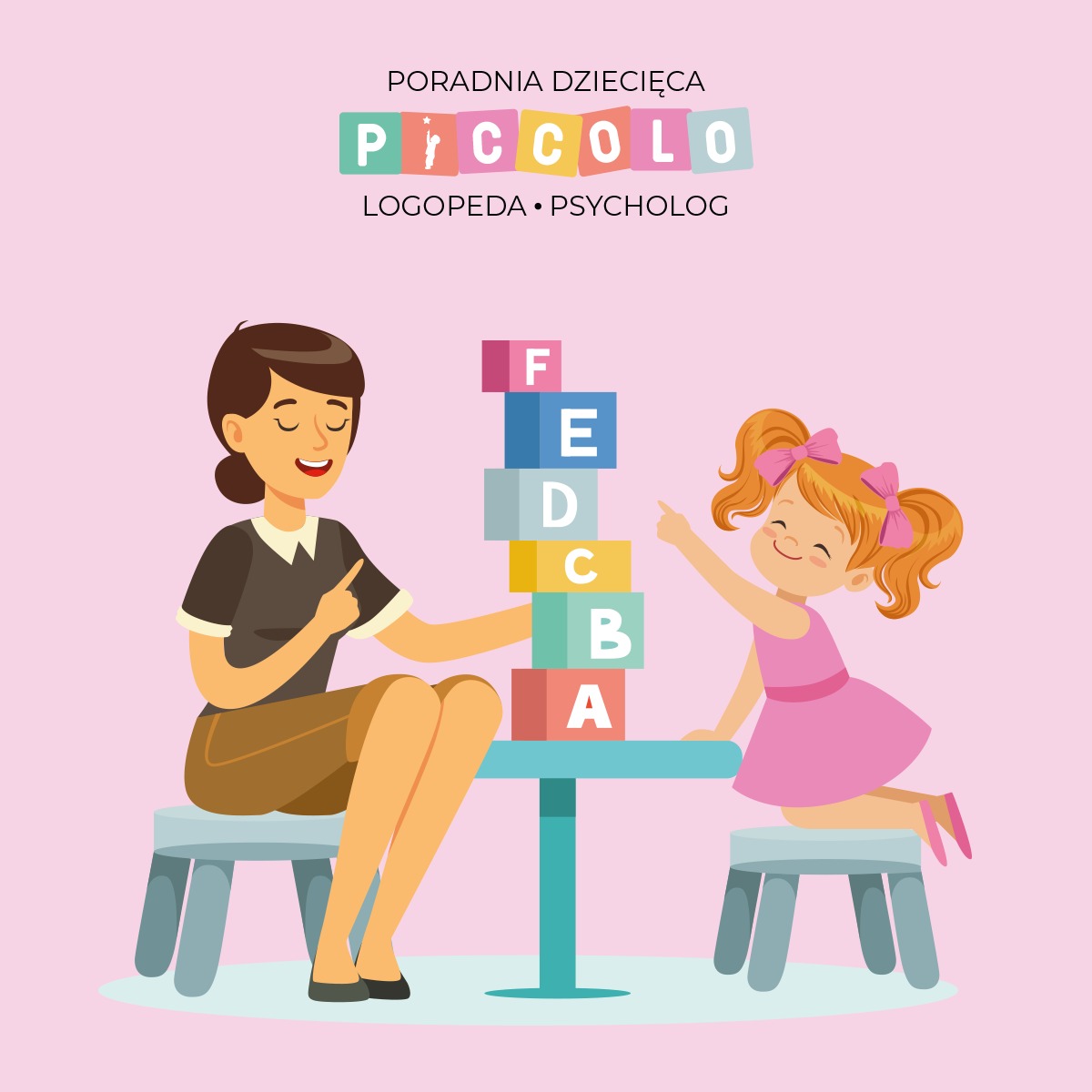 Ilustracja przedstawiająca logopedę i dziecko bawiące się klockami z literami w poradni dziecięcej.