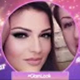 Portret kobiety z profesjonalnym makijażem oczu i ust, na tle fioletowego gradientu z efektem błyszczących gwiazd.