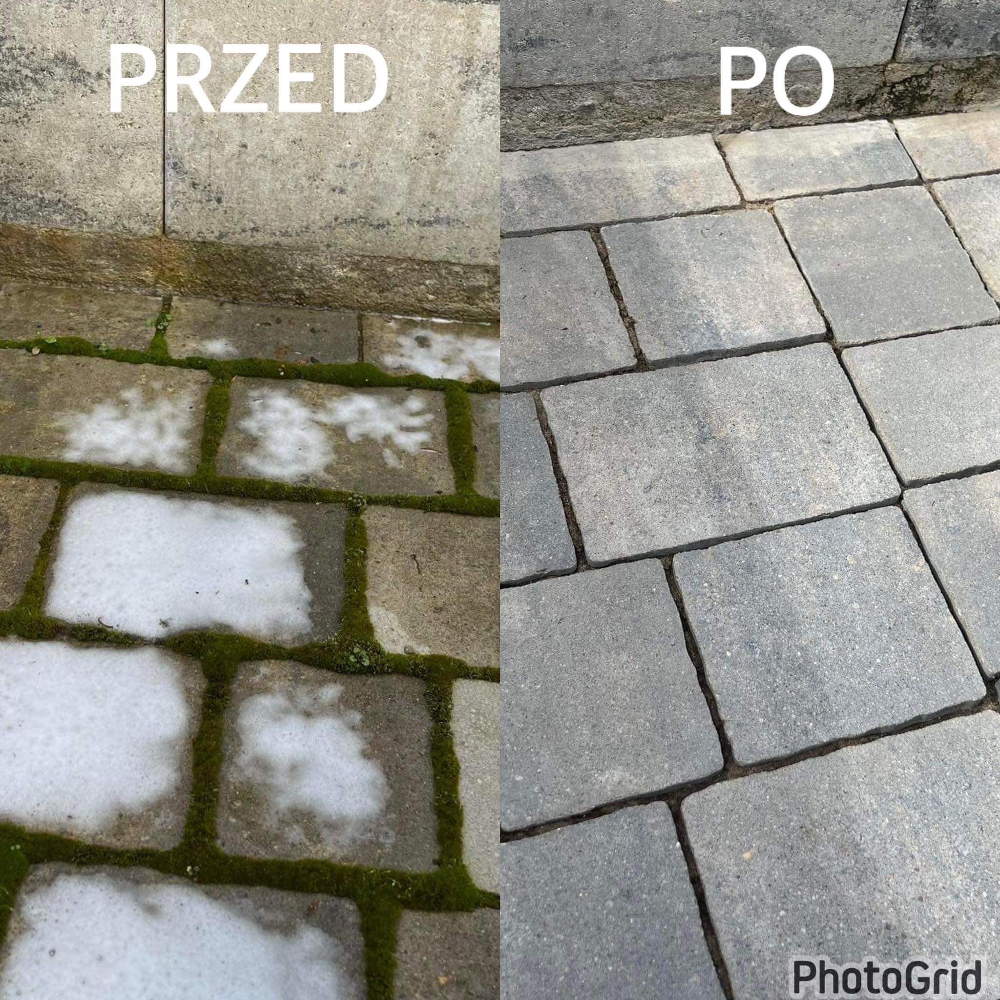 Porównanie kostki brukowej przed i po czyszczeniu: po lewej stronie brudna kostka z mchem i plamami, po prawej czysta, szara kostka brukowa.