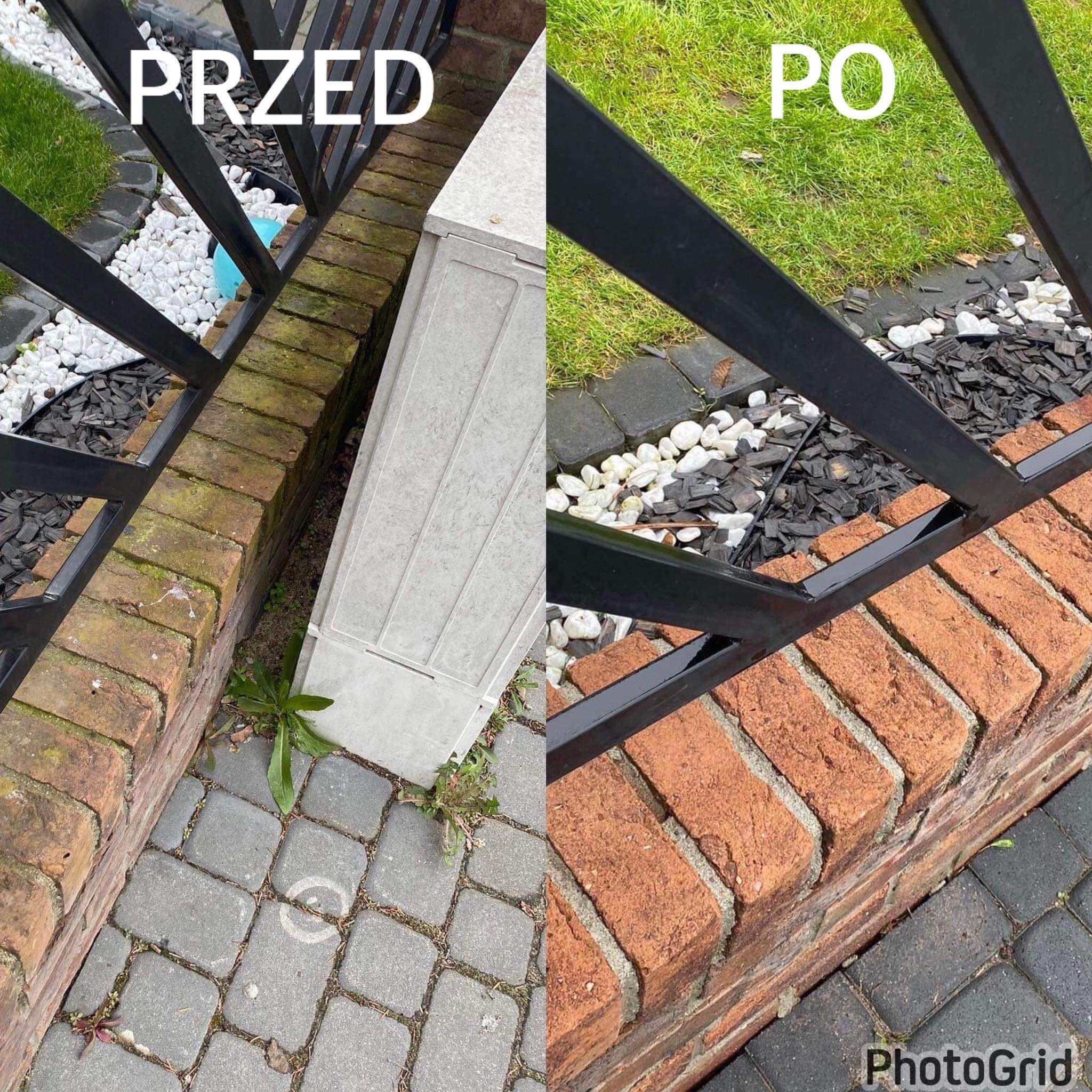 Porównanie stanu muru z czerwonej cegły przed i po czyszczeniu, widoczne różnice w kolorze i czystości cegieł, fragment czarnego metalowego ogrodzenia.