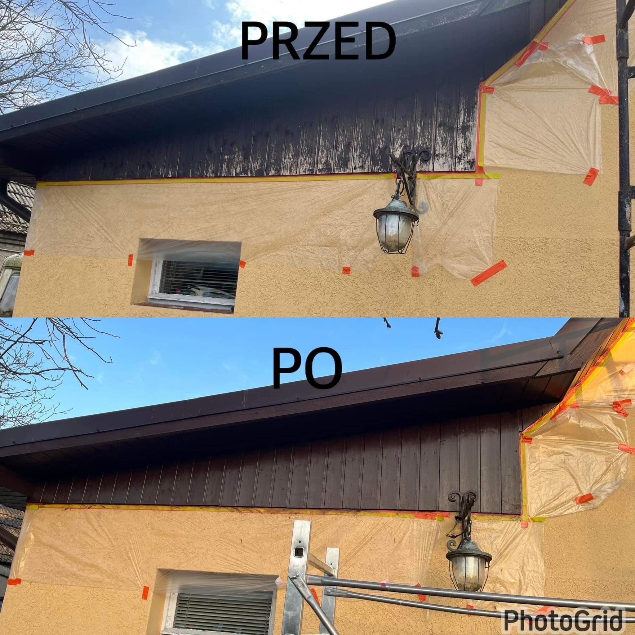 Porównanie elewacji domu przed i po renowacji, z widocznym zabezpieczeniem folią i taśmą malarską, oraz odświeżonymi elementami drewnianymi pod dachem.