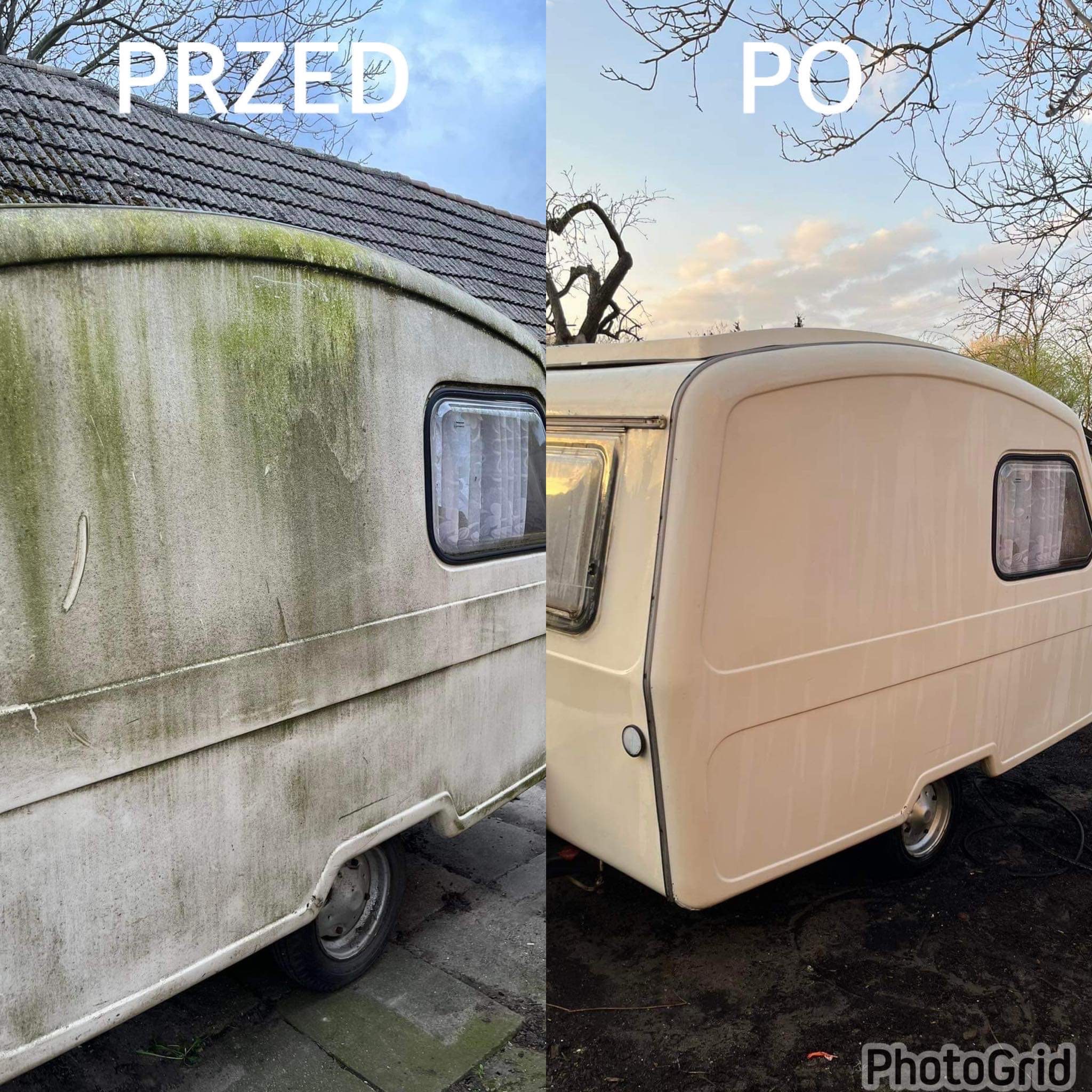Przyczepa kempingowa: widok przed i po czyszczeniu, z lewej strony pokryta mchem i brudem, z prawej czysta, beżowa karoseria, na tle drzew i nieba.